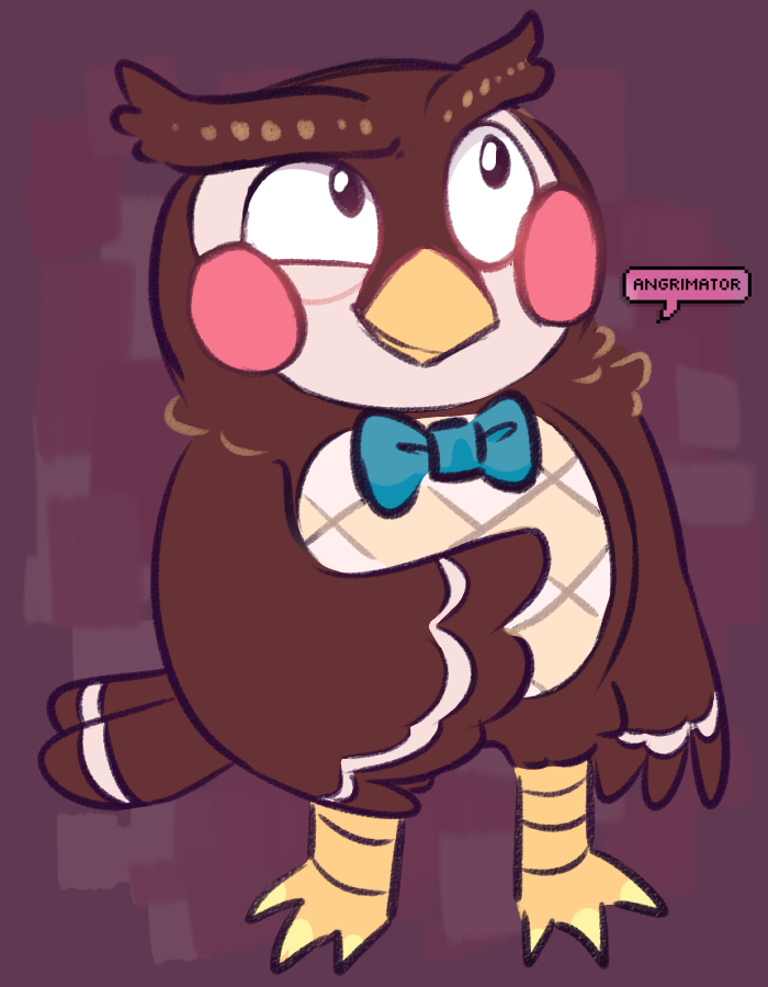 anthro blue_bow_tie bow_tie bow_tie_only brown_body looking_away male mostly_nude red_background simple_background solo standing angrimator animal_crossing nintendo blathers_(animal_crossing) avian bird owl full-length_portrait portrait signature