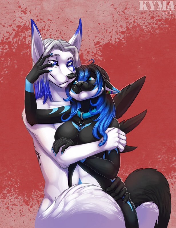 anthro black_body black_fur black_hair breasts collar duo ear_piercing female fur hair hug male piercing white_body white_fur white_hair wings kyma snowy_(yuki-the-fox) anubian_jackal canid canine canis fox jackal mammal yuki_(disambiguation) 2014