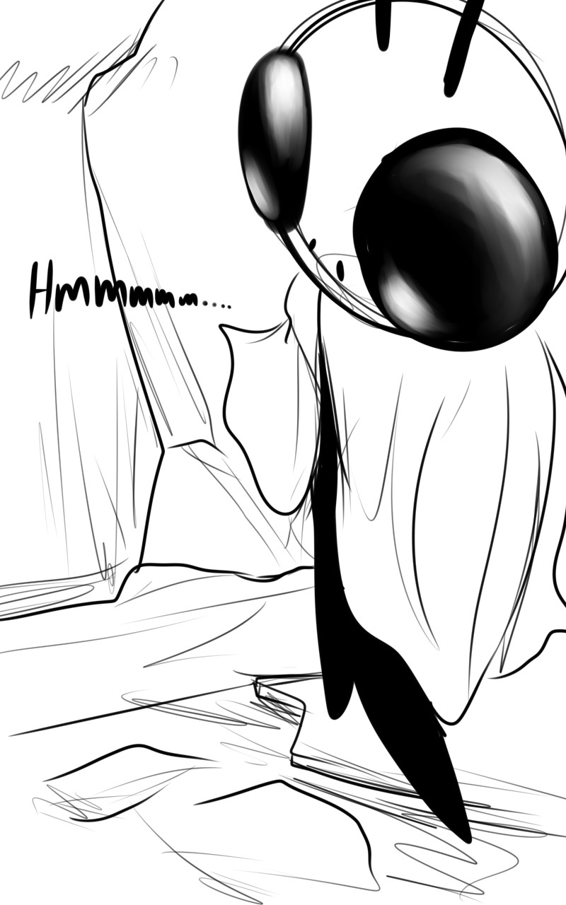 ambiguous_gender antennae_(anatomy) biped black_eyes black_legs black_text cloak clothing ellipsis high-angle_view solo standing text skeletorskeletonized hollow_knight team_cherry sly_(hollow_knight) arthropod 2020 5:8 comic digital_media_(artwork) english_text first_page hi_res monochrome