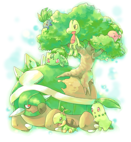 ambiguous_gender blue_body eyes_closed feral green_body green_eyes group plant red_eyes tree denchi_nezumi nintendo pokemon bulbasaur cherubi chikorita generation_1_pokemon generation_2_pokemon generation_3_pokemon generation_4_pokemon oddish pokemon_(species) torterra treecko turtwig