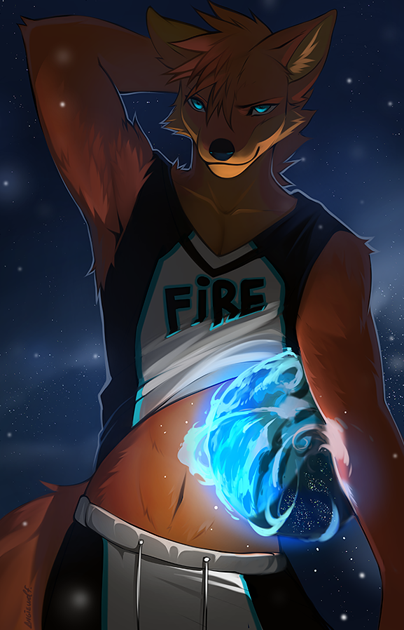 anthro blue_eyes bottomwear clothed clothing detailed_background humor macro male navel night outside pun shirt shorts sky smile solo star starry_sky tank_top terra_macro topwear angiewolf firefox mozilla canid canine fox mammal 2021 digital_media_(artwork)