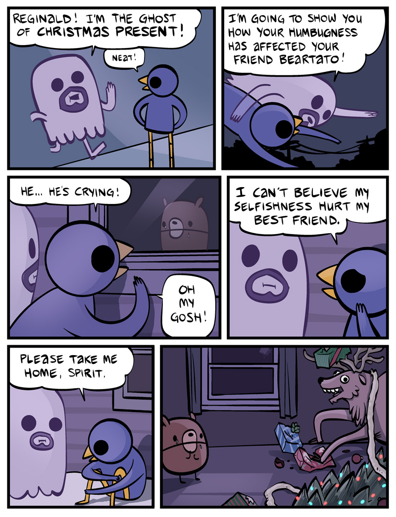 ambiguous_gender anthro beak dialogue holidays humor speech_bubble text what nedroid christmas beartato reginald_(nedroid) avian bear bird deer ghost mammal new_world_deer reindeer spirit undead 2011 comic english_text