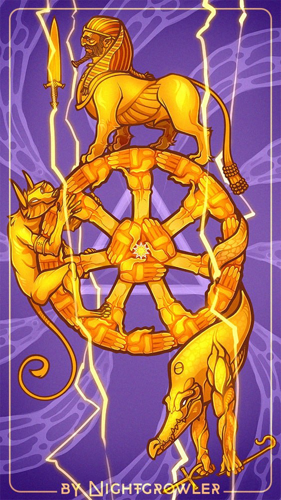 anthro card group long_beard major_arcana male symbolism tarot tarot_card trio wheel_of_fortune_(tarot) nightgrowler mythology canid canine crocodilian felid humanoid hybrid mammal mythological_creature mythological_sphinx reptile scalie