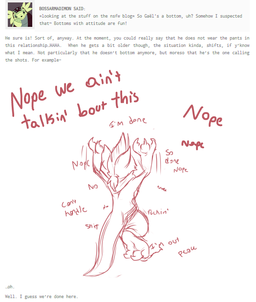 annoyed anthro anthrofied ask_blog dialogue male nope pokemorph raised_arm rear_view solo text walking beelzemon_(artist) nintendo pokemon fan_character gael_the_scrafty generation_5_pokemon pokemon_(species) scrafty english_text meme sketch