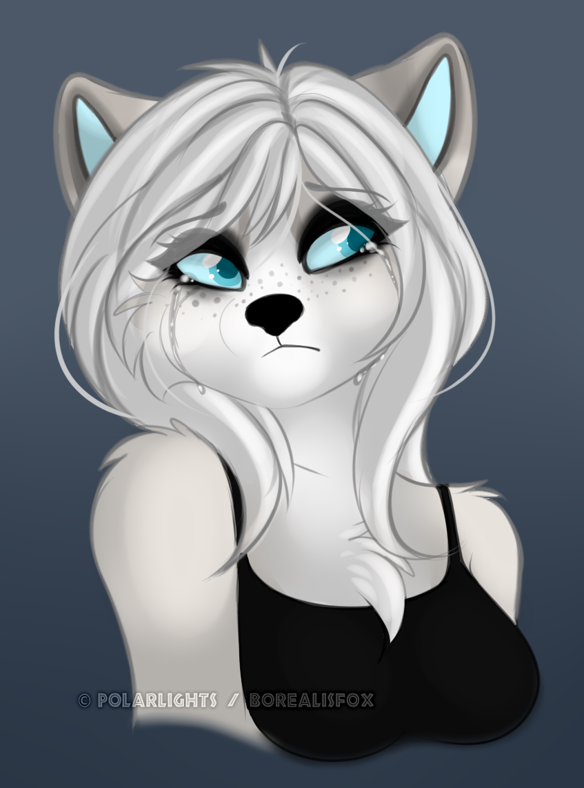 anthro black_nose bodily_fluids clothed clothing female fur hair simple_background solo tears northfelle tundra_(polarlights) canid canine mammal