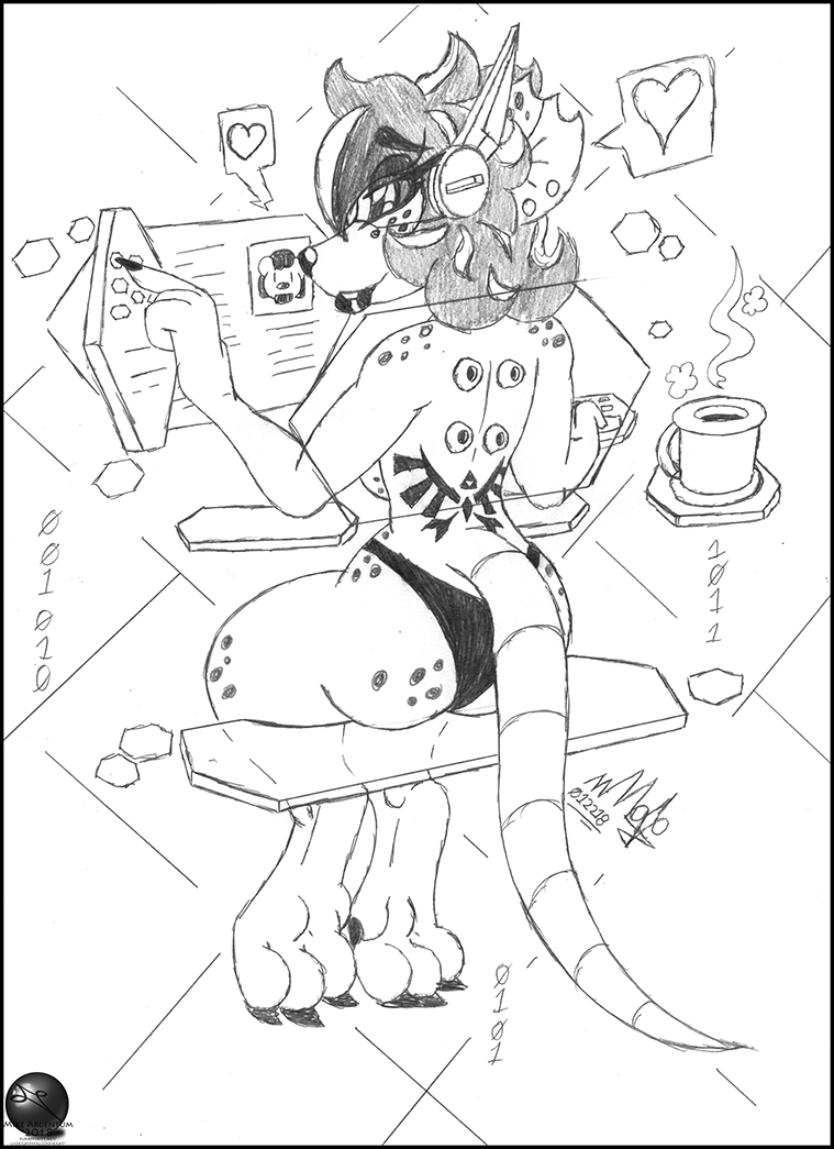 binary_code breasts clothed clothing coffee_mug electronics female headphones heart_symbol hexagon keyboard sitting speech_bubble steam tattoo technology topless mike_argentum_(artist) michelle_sterling mammal murid murine rat rodent greyscale monochrome