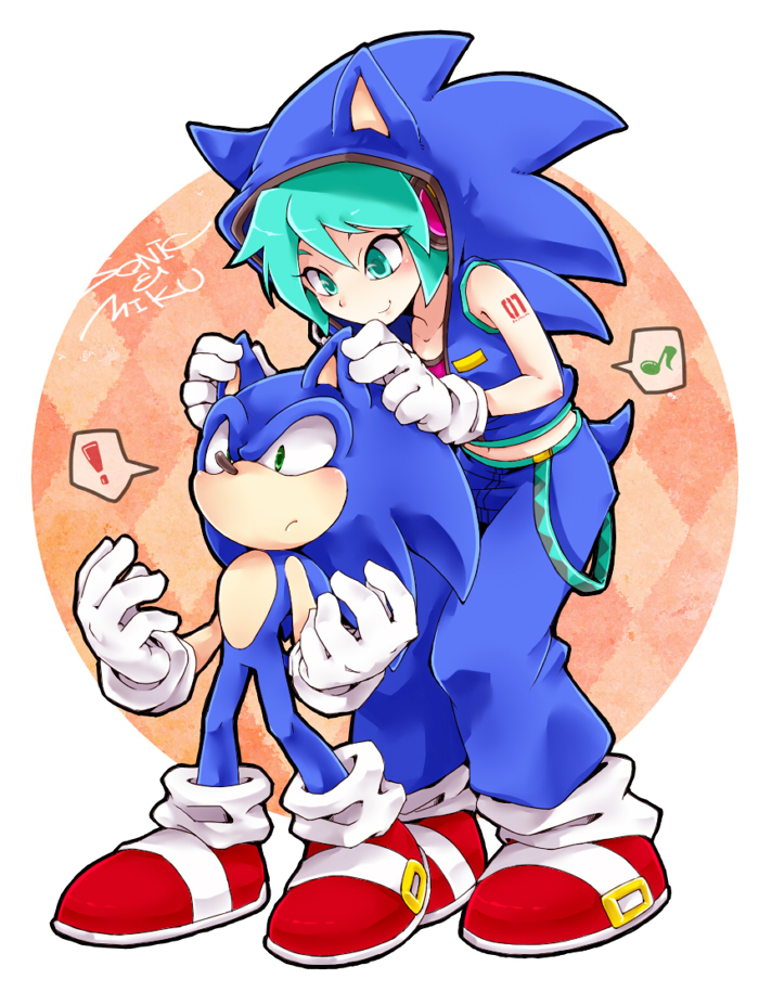 anthro blush bottomwear clothing cosplay duo ear_grab exclamation_point female footwear gloves green_eyes green_hair hair handwear hoodie male midriff musical_note musical_symbol pants shoes short symbol topwear wantake project_diva sega sonic_the_hedgehog_(series) vocaloid hatsune_miku sonic_the_hedgehog eulipotyphlan hedgehog human mammal 2011