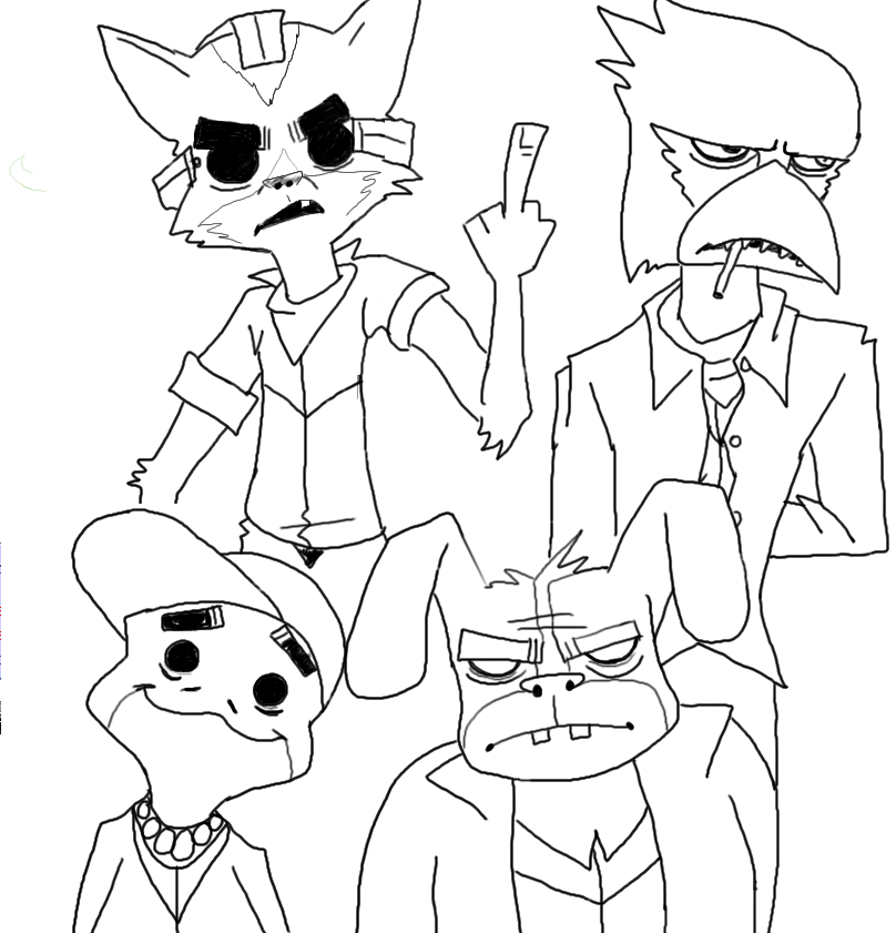 anthro beak clothing gesture group hand_gesture hat headgear headwear male middle_finger parody simple_background white_background fredryk_phox gorillaz nintendo paintchat star_fox 2d_(gorillaz) falco_lombardi fox_mccloud murdoc_niccals noodle_(gorillaz) peppy_hare russel_(gorillaz) slippy_toad avian bird canid canine fox hare lagomorph leporid mammal monochrome