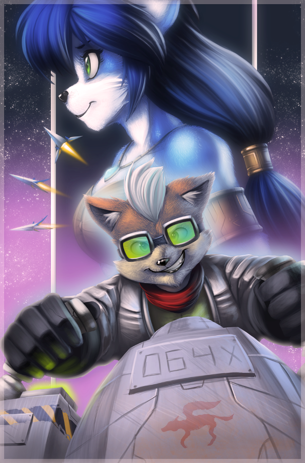 anthro arwing bare_shoulders black_nose blue_hair brown_body brown_fur clothing duo eyewear female fur gloves goggles green_eyes hair handwear jacket jewelry long_hair male necklace scarf smile space topwear white_hair voodoothur nintendo star_fox fox_mccloud krystal_(star_fox) canid canine fox mammal