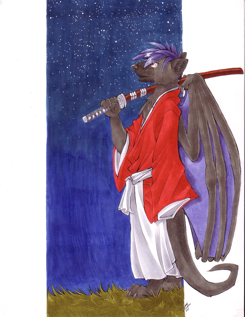 anthro asian_clothing black_body clothing east_asian_clothing female japanese_clothing melee_weapon membrane_(anatomy) membranous_wings solo sword tail weapon wings eevachu mythology eli_(aurali) kenshin dragon hybrid hyena mammal mythological_creature mythological_scalie scalie spotted_hyena marker_(artwork) traditional_media_(artwork)