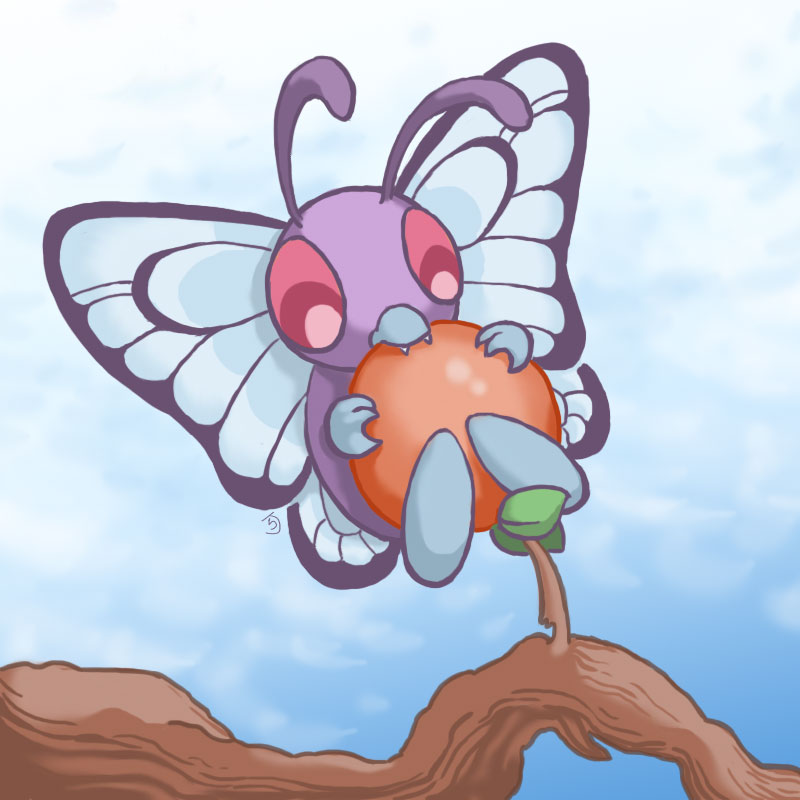 ambiguous_gender antennae_(anatomy) bite flying food fruit insect_wings plant red_eyes solo teeth tree wings wooperworks nintendo pokemon arthropod butterfree generation_1_pokemon insect lepidopteran pokemon_(species) 1:1