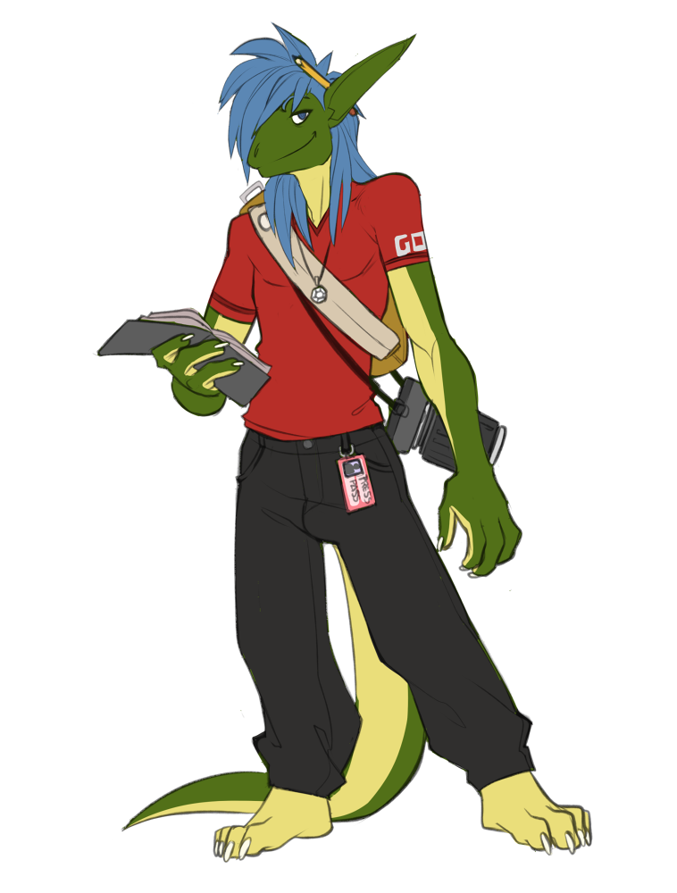 anthro backpack barefoot biped blue_hair book bottomwear camera clothed clothing feet green_body hair jewelry looking_at_viewer male necklace pants pencil_(object) shirt simple_background smile solo standing topwear white_background faint mattaeus gecko lizard reptile scalie