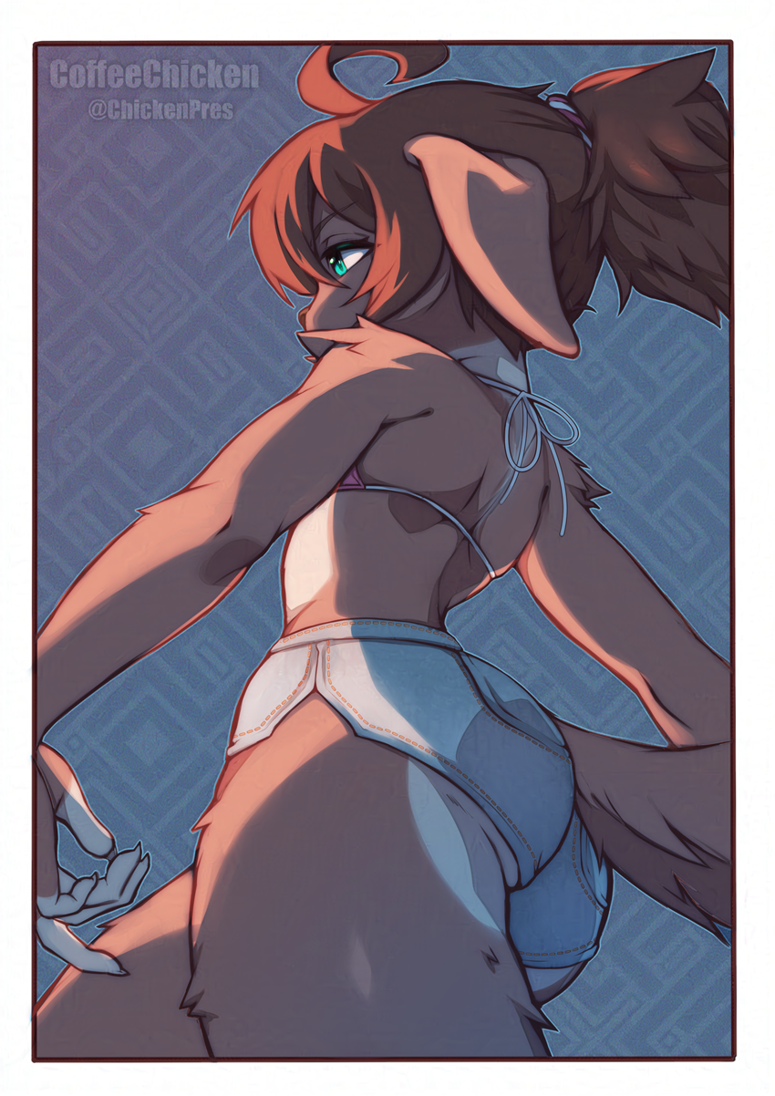 anthro arm_tuft bikini bikini_top bottomwear brown_body brown_fur brown_hair butt clothing eyebrows female fur green_eyes hair ponytail short_hair shorts shoulder_tuft solo swimwear tuft two-piece_swimsuit coffeechicken kess_(coffeechicken) canid canine canis domestic_dog mammal 2024 hi_res