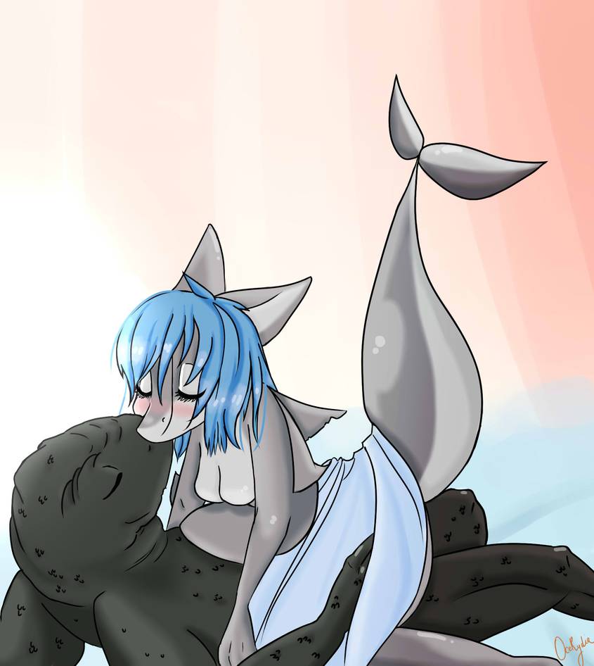 black_body black_scales blue_hair breasts duo female grey_body grey_skin hair kissing love male male/female nude scales tender ocerydia bad_guy_cafe mera_(dagonn) fish komodo_dragon lizard marine monitor_lizard reptile scalie shark