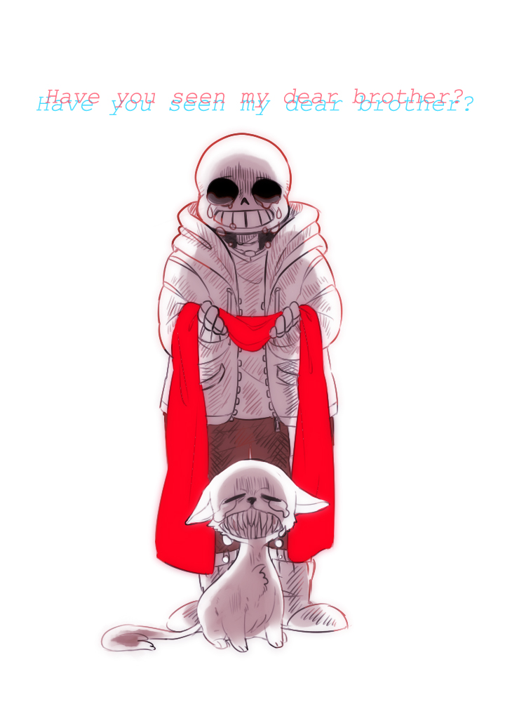 bodily_fluids bone clothing crying duo holding_object hoodie scarf simple_background skeleton tears text topwear cookiekrio off_(game) undertale undertale_(series) pablo_(off) sans_(undertale) animated_skeleton domestic_cat felid feline felis mammal undead crossover english_text unavailable_at_source