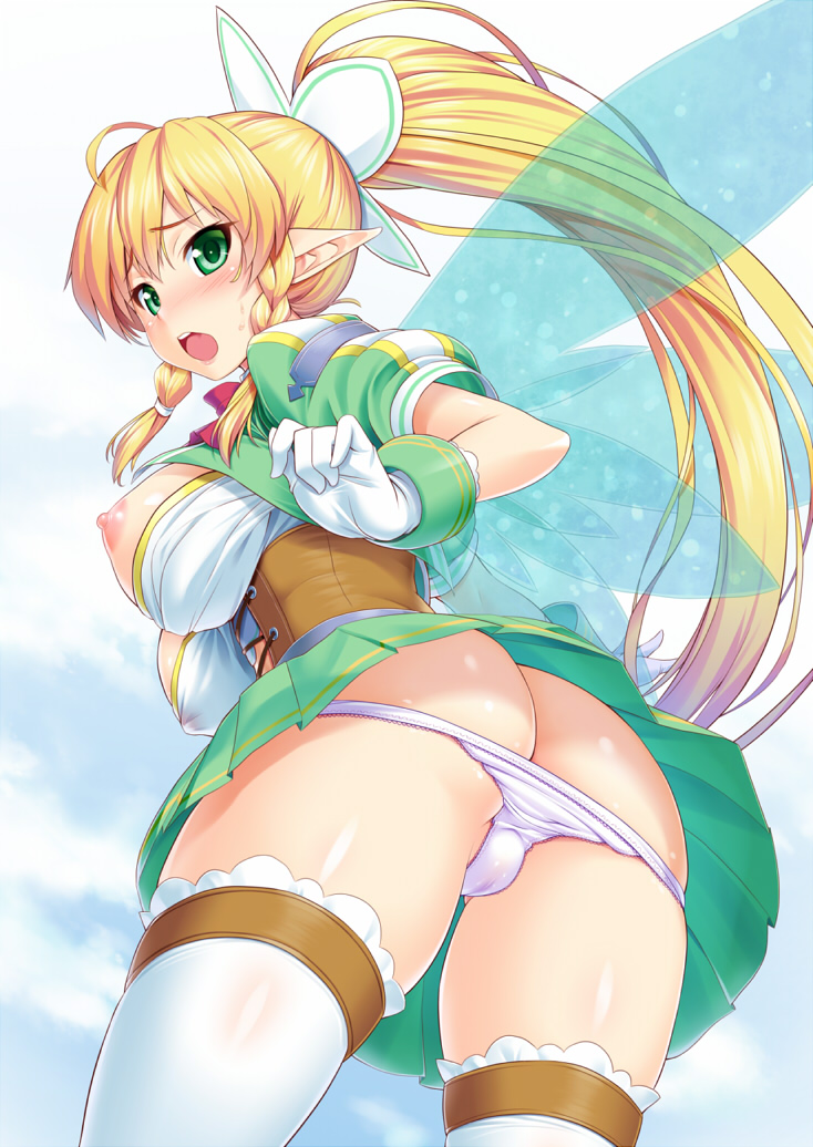 blonde_hair blush bottomwear breasts butt camel_toe clothing female gloves green_eyes hair handwear humanoid_pointy_ears legwear looking_at_viewer nipples not_furry open_mouth pointy_ears ponytail simple_background skirt solo stockings underwear wardrobe_malfunction white_background wings kawase_seiki sword_art_online suguha_kirigaya fairy humanoid 2013