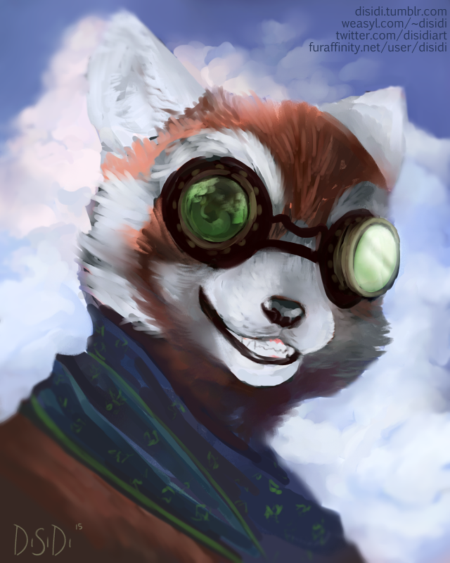 cloud eyewear goggles looking_at_viewer male scarf smile solo teeth text gasmask_(artist) ailurid mammal red_panda 2015 4:5 url