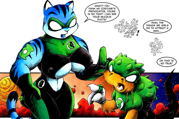 blue_body blue_fur breasts cleavage clothed clothing female fur gloves hair handwear mask nipple_outline planet ring suit superhero text under_boob drake_fenwick dc_comics green_lantern green_lantern_(series) felid mammal reptile scalie 3:2 english_text