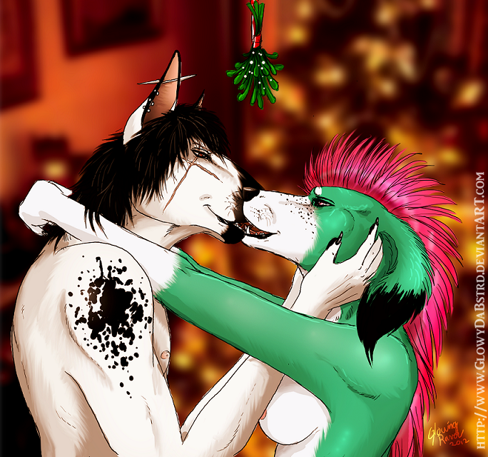 anthro black_hair breasts duo facial_scar female fur green_body green_fur hair harlequin holidays kissing kissing_bough male male/female mistletoe piercing pink_mohawk plant romantic romantic_ambiance romantic_couple scar glowingraver christmas rusty_rutter zelindi_man bull_terrier canid canine canis domestic_dog hunting_dog mammal saluki sighthound terrier