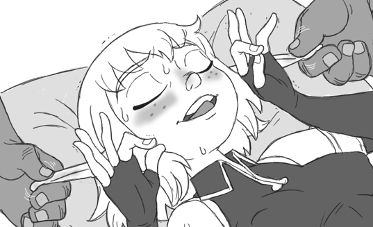 blush bodily_fluids ear_play ear_pull ear_rub eyes_closed female freckles gesture hand_gesture humanoid_pointy_ears not_furry ok_sign pointy_ears sweat splooge ankama wakfu evangelyne_(wakfu) cra elf humanoid 2017 greyscale meme monochrome