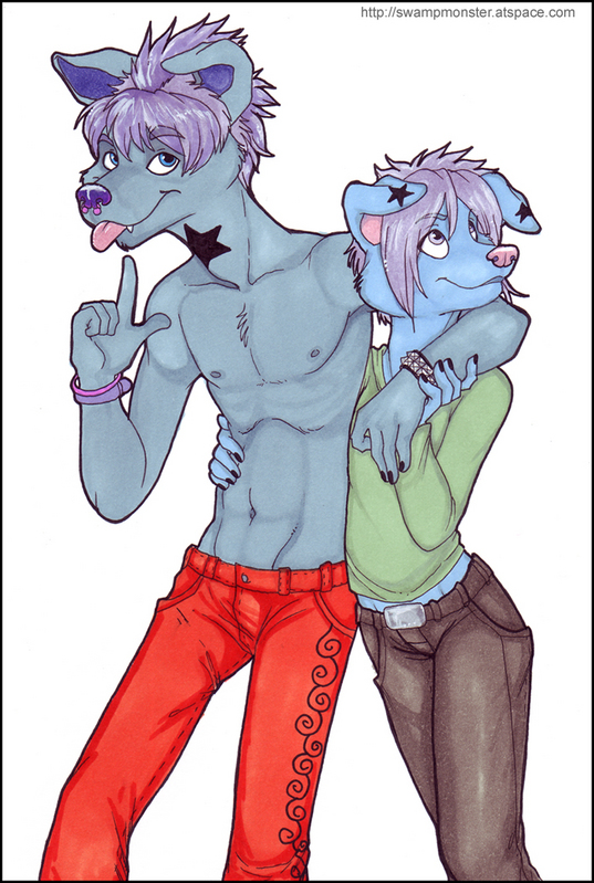 anthro belt blue_eyes bottomwear chelsea_hair_cut chelsea_hawk clothing duo facial_piercing female glamfur grey_eyes hair male nose_piercing pants piercing purple_hair septum_piercing shirt short_hair star tongue tongue_out topwear zeriara canid canine canis domestic_dog mammal brother_(lore) sibling_(lore) sister_(lore)