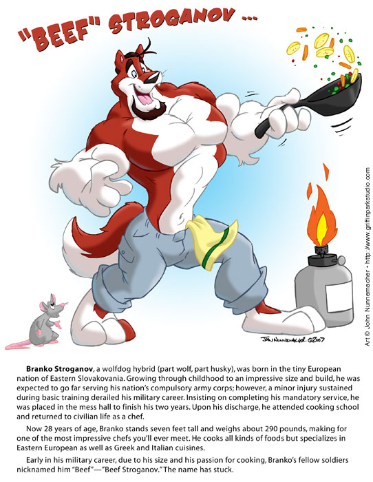 anthro beard big_biceps big_muscles big_pecs cooking facial_hair fur hair male muscular muscular_anthro muscular_arms muscular_male pecs propane_tank red_body red_fur smile tail text white_body white_fur wok cooner beef_stroganov canid canine canis domestic_dog husky hybrid mammal nordic_sled_dog spitz wolf wolfdog 2006 2007 digital_media_(artwork) english_text