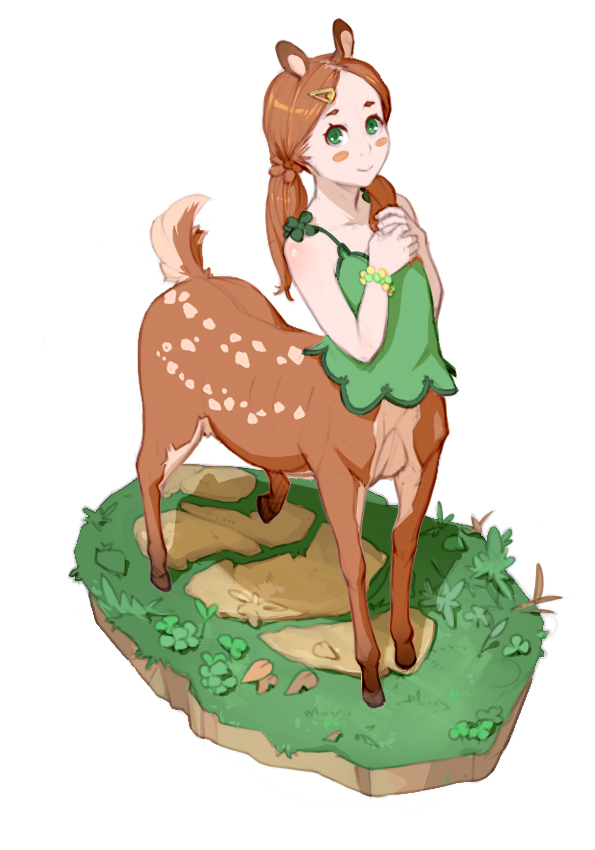 accessory blush bracelet brown_hair clothed clothing female green_eyes hair hair_accessory hairclip jewelry looking_at_viewer outside pigtails simple_background smile solo young materclaws cervine cervine_taur deer deer_taur humanoid_taur mammal mammal_taur taur 2017