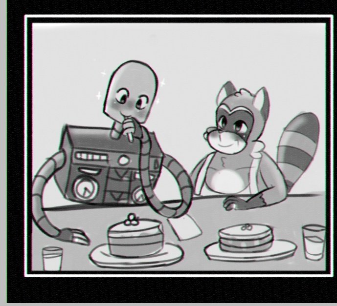 anthro apron biped blush clothing duo eating food machine male pancake missluwu robot_dreams rascal_(robot_dreams) robot_(robot_dreams) mammal procyonid raccoon robot 2024