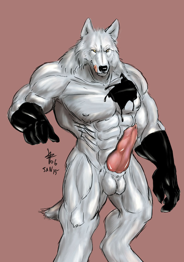 animal_genitalia anthro balls biped black_nose erection fur genitals ink knot looking_at_viewer male muscular muscular_anthro muscular_male penis sheath solo standing tail tongue white_body white_fur yellow_eyes rwolf canid canine canis mammal wolf