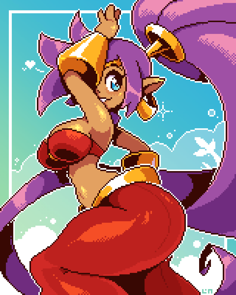 blue_eyes breasts brown_body brown_skin clothing ear_piercing ear_ring female hair heart_symbol humanoid_pointy_ears long_hair not_furry piercing ponytail pose purple_hair ring_piercing smile solo teeth legendofnerd shantae_(series) wayforward shantae genie humanoid 4:5 digital_media_(artwork) pixel_(artwork) signature