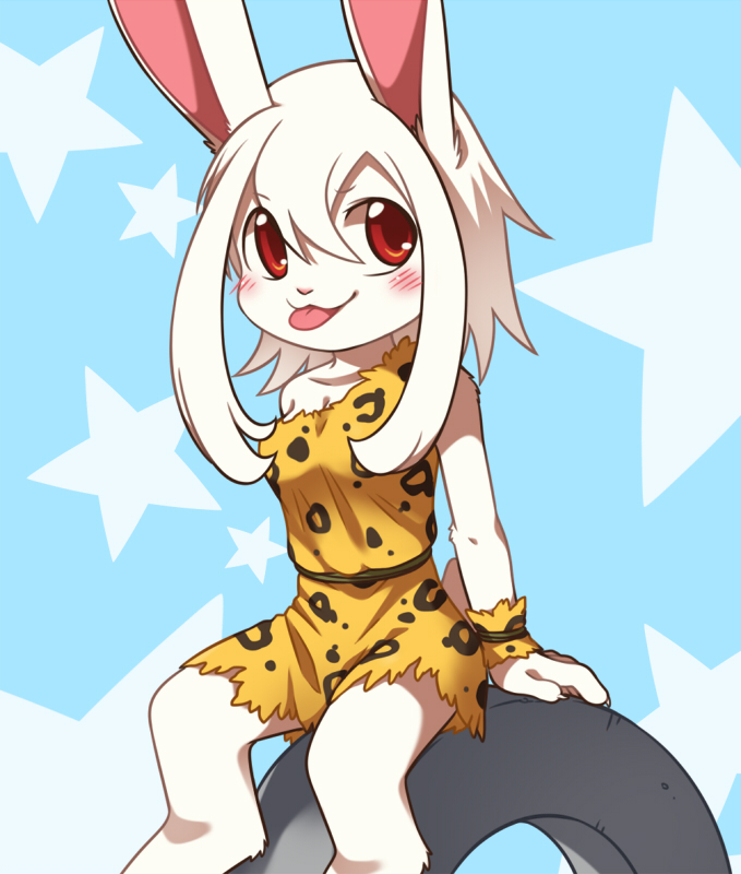 anthro bare_shoulders biped blush breasts cleavage clothed clothing female fur hair kemono looking_at_viewer red_eyes sitting solo star tire tongue tongue_out white_body white_fur white_hair young young_anthro unrealplace wusagi_(unrealplace) lagomorph leporid mammal rabbit