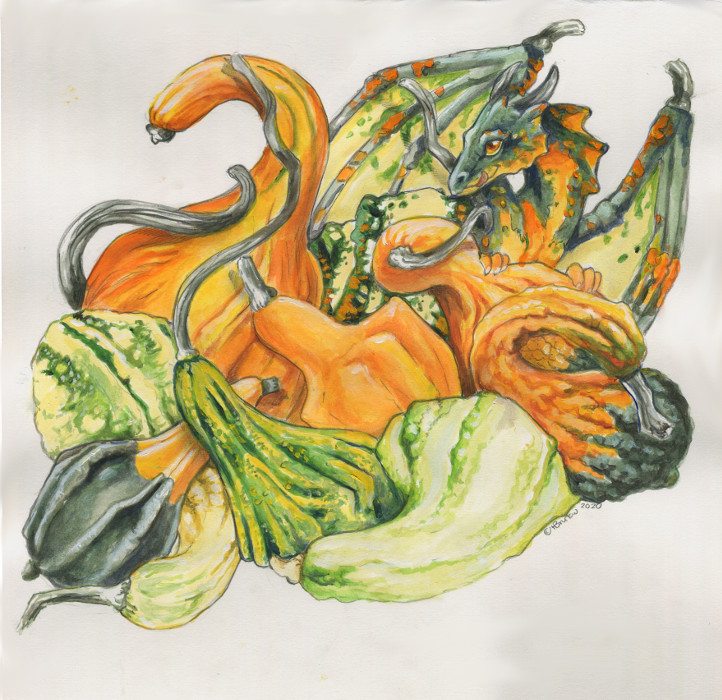 amber_eyes ambiguous_gender feral food fruit gourd green_body green_scales grey_background horn licking licking_lips licking_own_lips membrane_(anatomy) membranous_wings orange_body orange_scales plant scales self_lick simple_background solo squash_(fruit) tongue tongue_out wings yellow_body yellow_scales heather_bruton mythology dragon mythological_creature mythological_scalie scalie