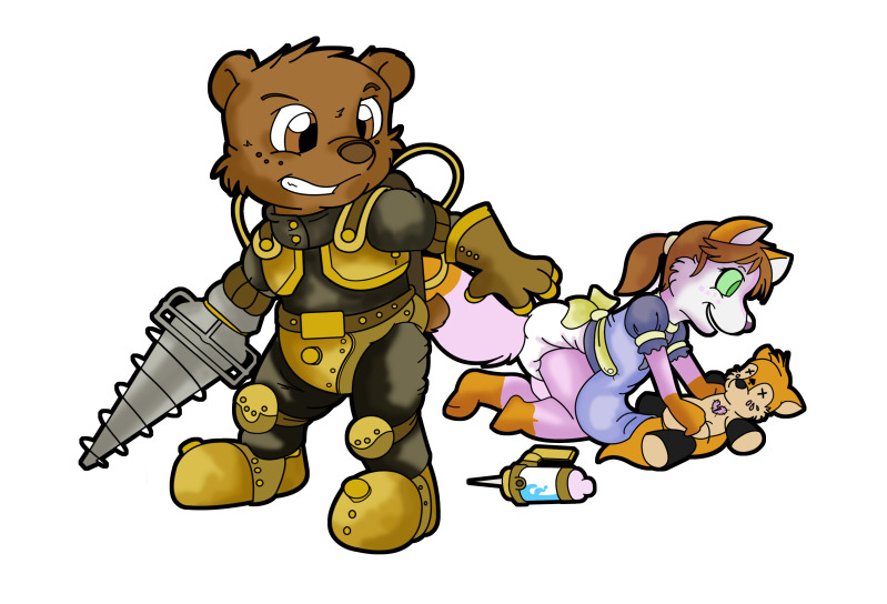 anthro armor brown_body brown_eyes brown_fur clean_diaper clothed clothing costume diaper dress drill duo female fur green_eyes machine male pink_body pink_fur plushie simple_background smile syringe tail weapon wearing_diaper white_background young young_anthro reva_the_scarf 2k_games bioshock big_daddy_(bioshock) little_sister_(bioshock) bear canid canine mammal 2010 archived_source