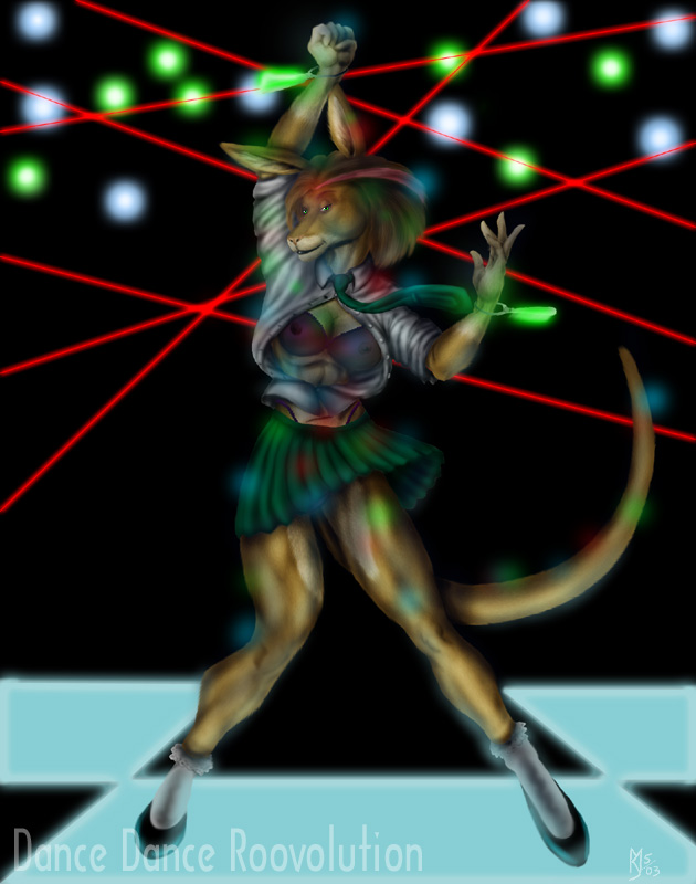 bottomwear bra clothed clothing dance_floor hair looking_at_viewer miniskirt necktie open_clothing open_shirt open_topwear rave shirt skirt solo strobe_lights topwear underwear sudonym kangaroo macropod mammal marsupial 2003