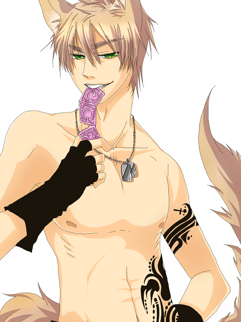 brown_hair clothed clothing condom condom_in_mouth dog_tags fingerless_gloves front_view gloves green_eyes hair handwear looking_at_viewer male mouth_hold nude object_in_mouth sexual_barrier_device short_hair simple_background smile solo tattoo topless unused_condom white_background wrapped_condom unknown_artist hetalia arthur_kirkland england_(hetalia) united_kingdom_(hetalia) animal_humanoid canid canid_humanoid canine canine_humanoid canis dog_humanoid domestic_dog human humanoid mammal mammal_humanoid