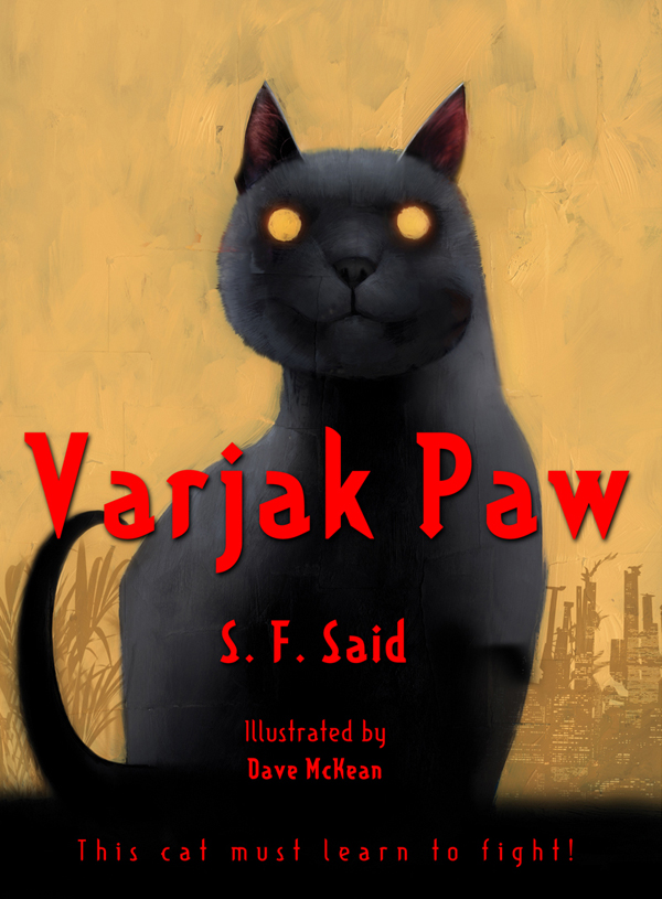 ambiguous_gender black_nose feral fur grey_body grey_fur looking_at_viewer no_pupils orange_eyes red_text simple_background solo tail text yellow_background dave_mckean varjak_paw varjak_paw_(character) domestic_cat felid feline felis mammal mesopotamian_blue artist_name book_cover cover english_text official_art male_(lore)