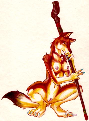 4_toes anthro breasts claws feet female genitals looking_at_viewer melee_weapon navel nipples nude polearm pussy simple_background solo spread_legs spreading staff tail toe_claws toes weapon uaykan canid canine canis mammal wolf 2006 low_res