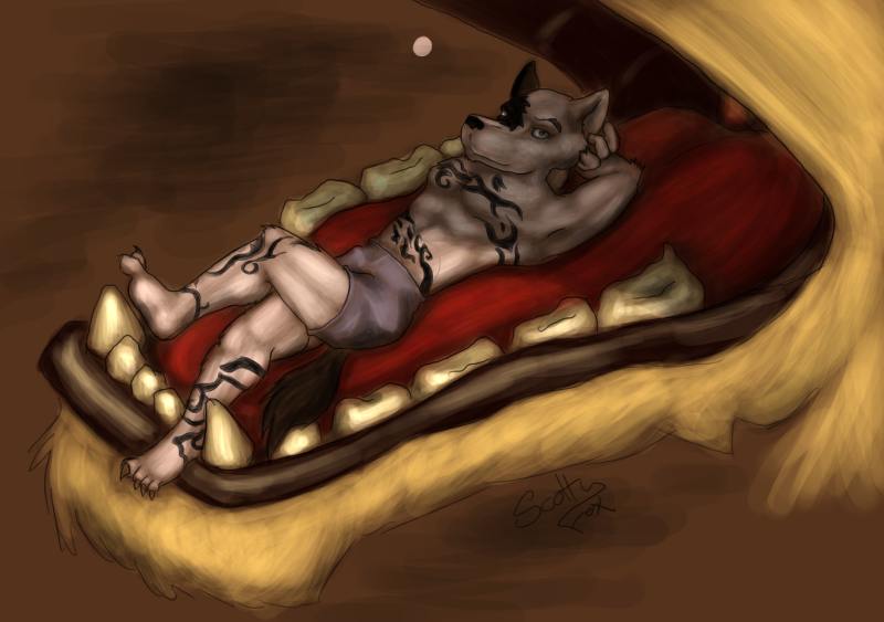 anthro body_in_mouth boxers_(clothing) clothed clothing duo imminent_vore in_mouth lying male on_back on_tongue relaxing sitting_on_tongue size_difference tattoo tongue topless tribal tribal_tattoo underwear jahgo canid canine mammal digital_media_(artwork)