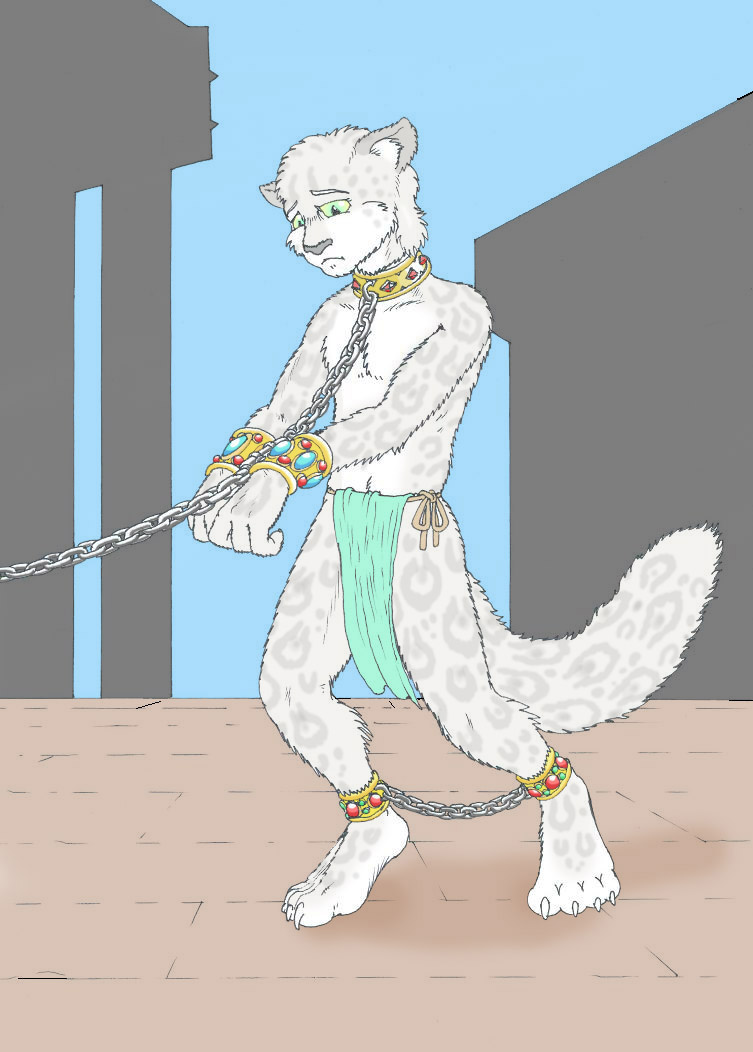 4_fingers 4_toes ankle_cuffs anthro arms_bound_to_collar barefoot bdsm blue_eyes bondage bottomwear bound chain chain_leash chained clothed clothing collar collar_ring cuff_(restraint) eyebrows fantasy feet fingers gold_(metal) gold_collar green_eyes jewelry leash leopard_spots loincloth male male_anthro metal_collar outside plantigrade rayan restrained restraints sad shackles slave solo spots submissive submissive_male toes topless topless_anthro topless_male wrist_cuffs salkafar felid leopard mammal pantherine 2007 cool_colors digital_media_(artwork)