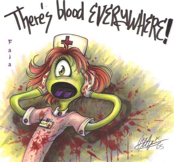 1_eye 2_tongues blood blood_splatter bodily_fluids clothed clothing crossdressing dialogue gloves green_body green_eyes green_skin handwear hat headgear headwear multi_tongue name_tag not_furry nurse nurse_clothing nurse_hat nurse_headwear nurse_uniform open_mouth pink_clothing pink_topwear purple_tongue simple_background solo text tongue topwear uniform princefala disney lilo_and_stitch wendy_pleakley alien plorgonarian 2005 english_text marker_(artwork) reaction_image signature traditional_media_(artwork)