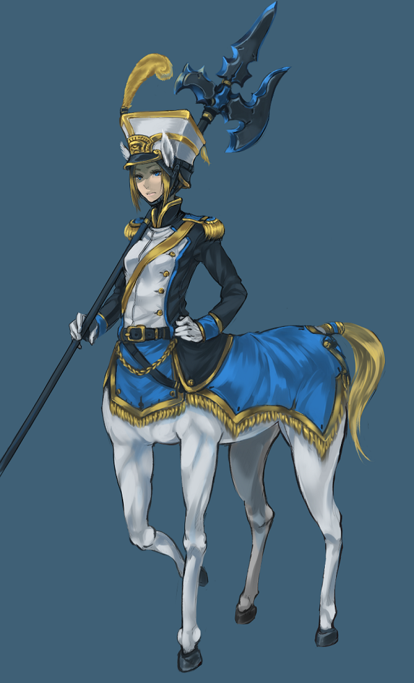 aiguillette alternative_fashion blonde_hair blue_background blue_eyes clothing female gloves hair handwear hat headgear headwear hooves j-fashion melee_weapon military monster_girl_(genre) ouji_(fashion) plume pole_axe polearm simple_background soldier solo split_form uniform warrior weapon ze european_mythology greek_mythology mythology centaur equid equid_taur humanoid_taur mammal mammal_taur taur