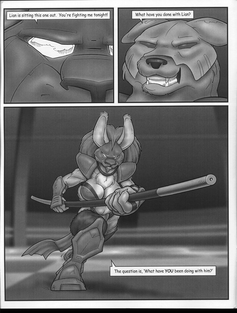 anthro armor bracers dialogue female headgear helmet male mask melee_weapon pauldron polearm shin_guards staff text weapon ferris wooky hitting_the_showers canid canine canis lagomorph leporid mammal rabbit wolf comic digital_media_(artwork) english_text greyscale monochrome