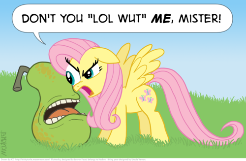 cutie_mark dialogue duo feathered_wings feathers female feral food fruit lol_wut pear plant quadruped stare tail text the_stare wings yellow_body yellow_feathers kinkyturtle friendship_is_magic hasbro my_little_pony mythology biting_pear_of_salamanca fluttershy_(mlp) elemental_creature equid equine flora_fauna food_creature living_fruit mammal mythological_creature mythological_equine pegasus 2011 english_text low_res reaction_image