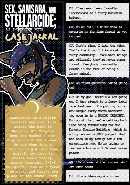 ambiguous_gender anthro blue_hair brown_body brown_fur collar electronics eyewear fur glasses hair interview magazine microphone newspaper press singing text gundog_(artist) the_barker casejackal canid canine canis jackal mammal english_text