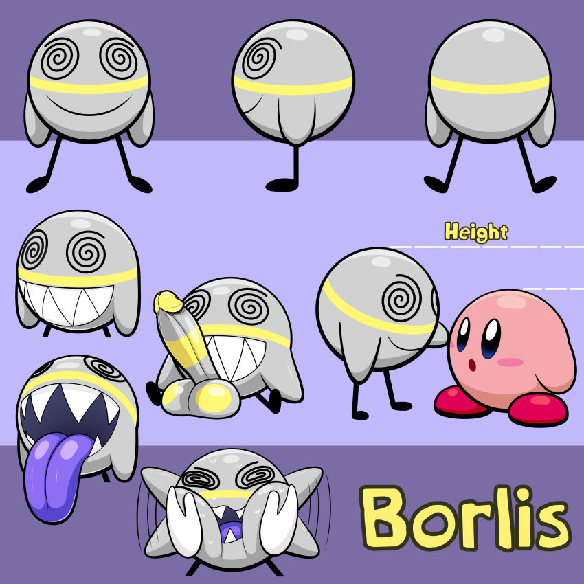 anthro big_penis big_tongue chart confusion genitals grey_body height_chart male penis pinching_cheeks purple_tongue sharp_teeth simple_background size_difference smile solo teeth text tongue tongue_out wide_tongue supermoonshroom kirby_(series) nintendo borlis_orbi kirby unknown_species 1:1 character_name model_sheet