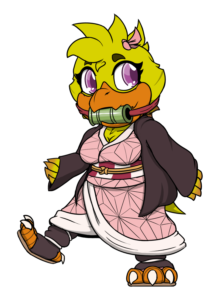 asian_clothing beak chibi claws clothing cosplay east_asian_clothing feathers female fingers japanese_clothing kimono purple_eyes yellow_body yellow_feathers yellow_skin thevgbear five_nights_at_freddy's kimetsu_no_yaiba scottgames chica_(fnaf) chica_(thevgbear) nezuko_kamado avian bird chicken galliform gallus_(genus) phasianid 2023 3:4 alpha_channel crossover digital_media_(artwork)