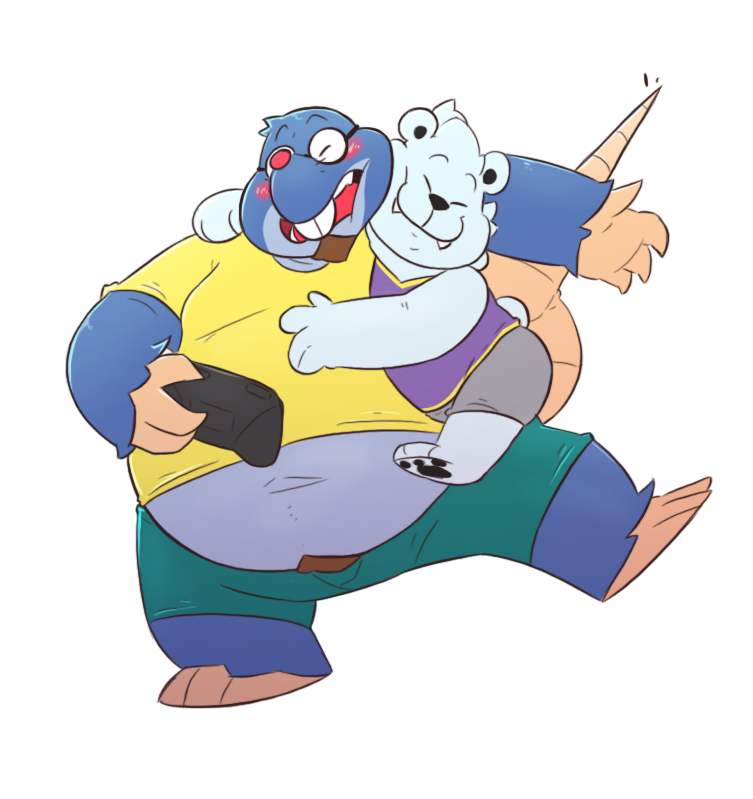 anthro blush bottomwear clothing controller duo eyes_closed eyewear game_controller glasses hug male overweight overweight_male shirt shorts simple_background topwear white_background leothelionel the_human_heart_(game) dylan_ramos bear eulipotyphlan mammal mole_(animal) 2020