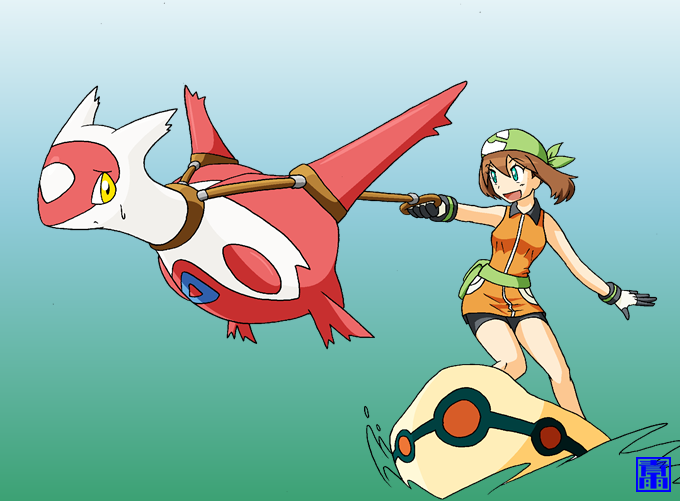 brown_hair duo female gradient_background hair looking_back rope simple_background smile surfing yellow_eyes omoi nintendo pokemon latias_(pokemon_special) may_(pokemon) pokemon_trainer generation_3_pokemon human latias legendary_pokemon mammal pokemon_(species) 2011