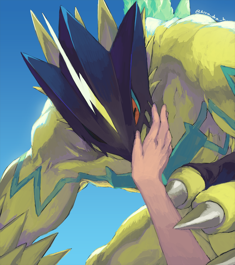 ambiguous_gender anthro claws disembodied_hand duo first_person_view gradient_background humanoid_hands male mask muscular muscular_anthro muscular_male pecs petting simple_background yellow_body kira_dra_h bandai_namco digimon bulkmon digimon_(species) human mammal monster signature