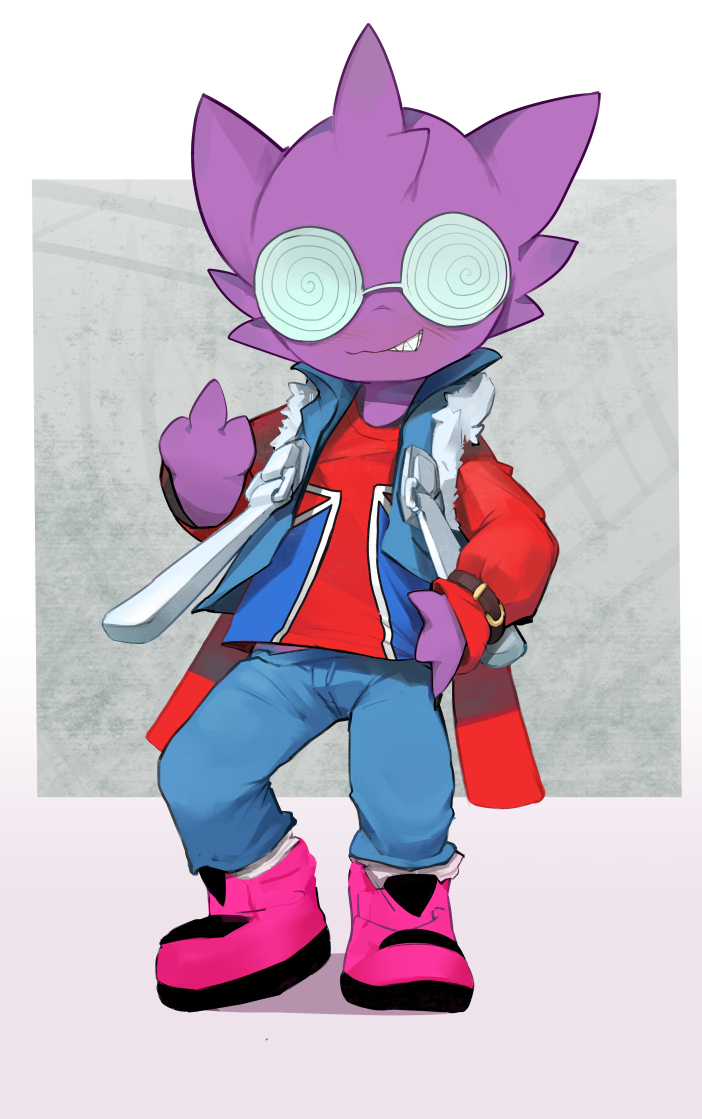 anthro blush bottomwear clothed clothing eyewear fully_clothed gesture glasses hand_gesture jacket looking_at_viewer male middle_finger pants purple_body simple_background solo spiral_eyes topwear union_jack yupa nintendo pokemon generation_3_pokemon humanoid pokemon_(species) sableye